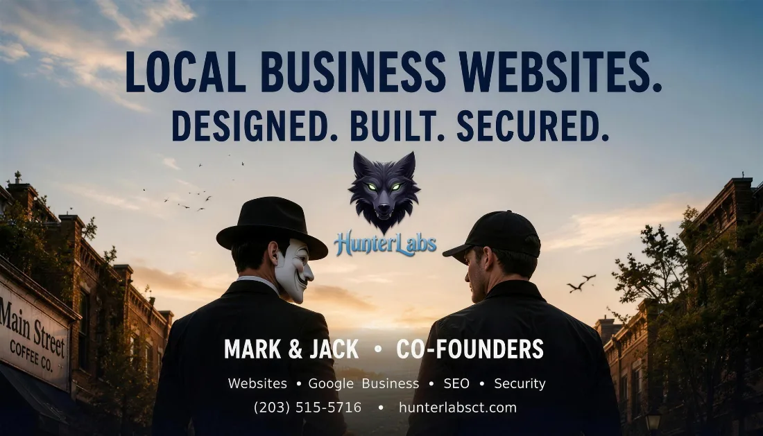 The HunterLabs business card: Local Business Websites. Designed. Built. Secured. Mark and Jack, co-founders, (203) 515-5716, hunterlabsct.com.